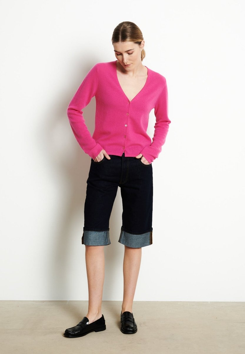Cardigan col V femme en cachemire rose indien - LILLY 7B